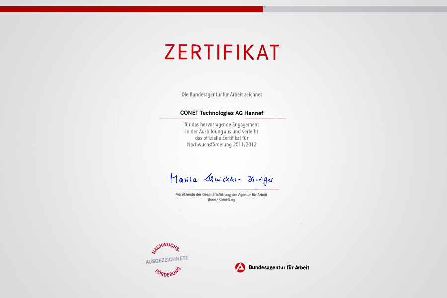 Zertifikat für Nachwuchsförderung 2012/2013 der Agentur für Arbeit Bonn/Rhein-Sieg Zertifikat für Nachwuchsförderung 2012/2013 der Agentur für Arbeit Bonn/Rhein-Sieg