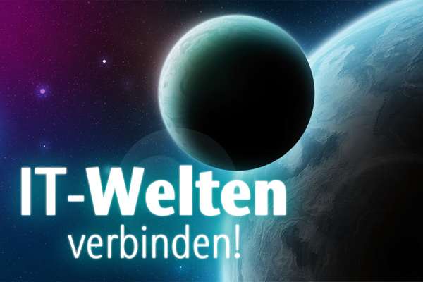 Bild: Schriftzug - IT-Welten verbinden - vor Planeten im Weltall Bild: Schriftzug - IT-Welten verbinden - vor Planeten im Weltall