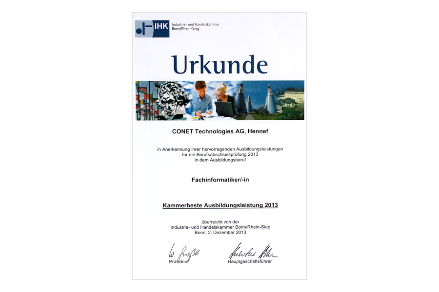 Bild: Urkunde der IHK: CONET Technologies AG mit der Kammerbesten Ausbildungsleistung 2013 Bild: Urkunde der IHK: CONET Technologies AG mit der Kammerbesten Ausbildungsleistung 2013