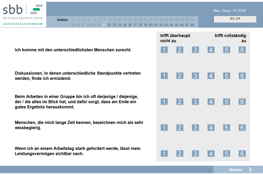 Bewerbertest bei der Vergabe von Stipendien der Stiftung Begabtenförderung Berufliche Bildung, mit dem Ziel, besonders geeignete Bewerber zu identifizieren. Bewerbertest bei der Vergabe von Stipendien der Stiftung Begabtenförderung Berufliche Bildung, mit dem Ziel, besonders geeignete Bewerber zu identifizieren.