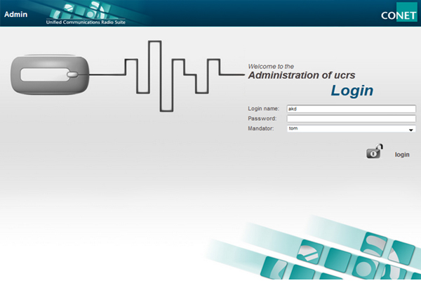 Grafik: Beispielhafter Ausschnitt aus dem Login der Administrationsoberfläche der CONET UC Radio Suite, hier zur Einstellung vordefinierter Konferenzelemente Grafik: Beispielhafter Ausschnitt aus dem Login der Administrationsoberfläche der CONET UC Radio Suite, hier zur Einstellung vordefinierter Konferenzelemente