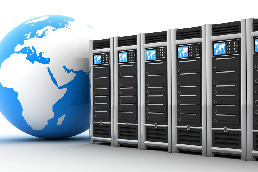 Image: Five servers standing in line with a globe in the background Image: Five servers standing in line with a globe in the background