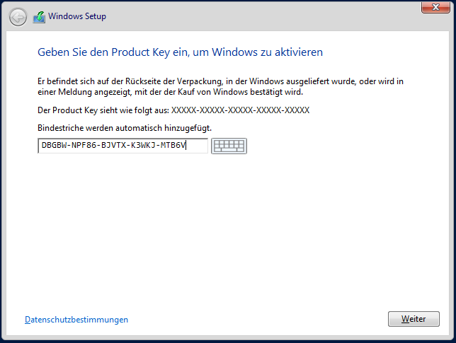 Bild: CONET, Eingabe des Windows Server 2012R2 AVMA-Schlüssel bei der Installation