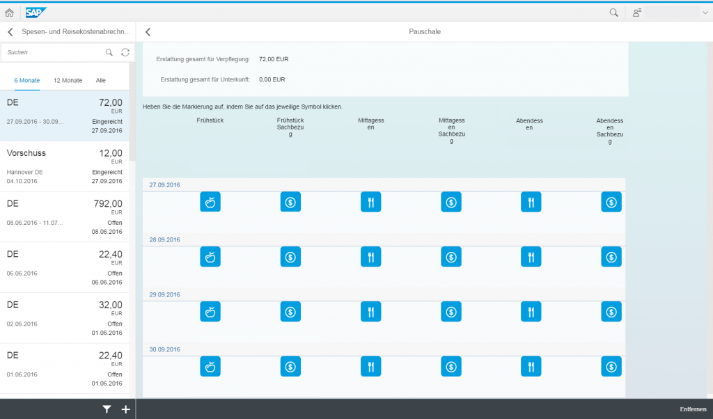 Bild: Screenshot Conet, SAP, Beispielhafte Oberfläche auf einem Tablet zur Anzeige von Pauschalen innerhalb der Travel App von CONET für das SAP Travel Management. Bild: CONET