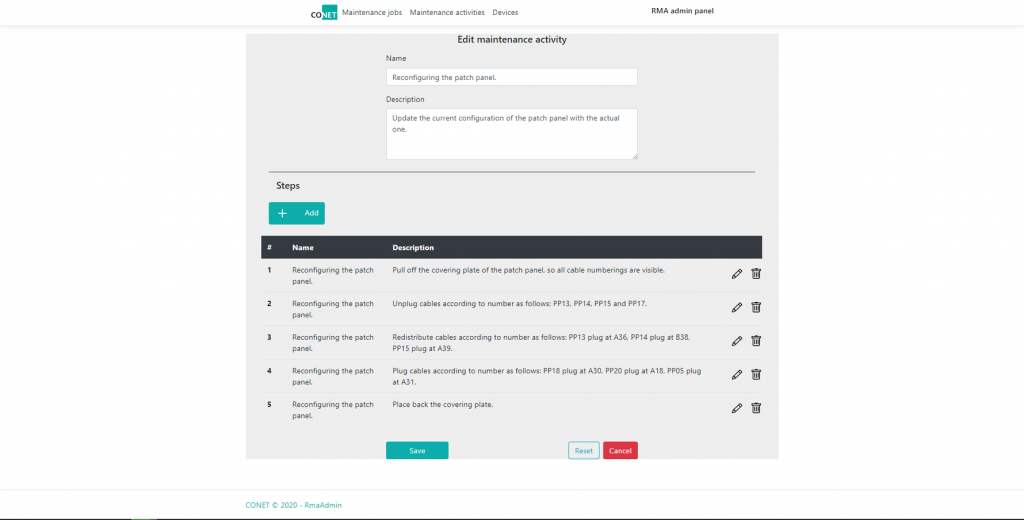 Bearbeiten eines Wartungs-Jobs im CONET Rack Management Assistent für die Mixed Reality Maintenance [Bild: (c) CONET]