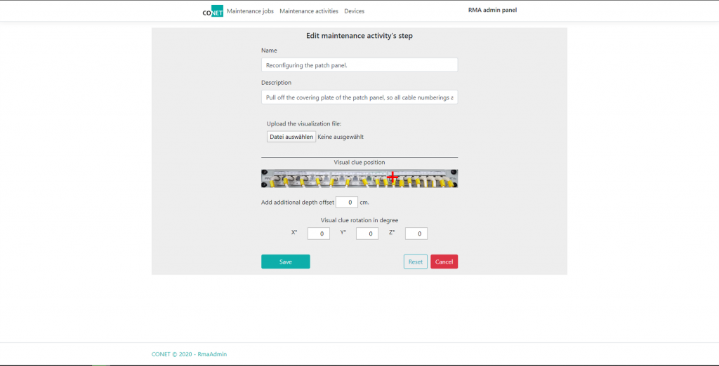 Bearbeiten eines Wartungsschrittes im CONET Rack Management Assistent für die Mixed Reality Maintenance [Bild: (c) CONET]
