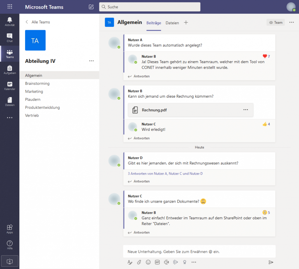 Bild: Screenshot Team-Räume mit SharePoint und Teams