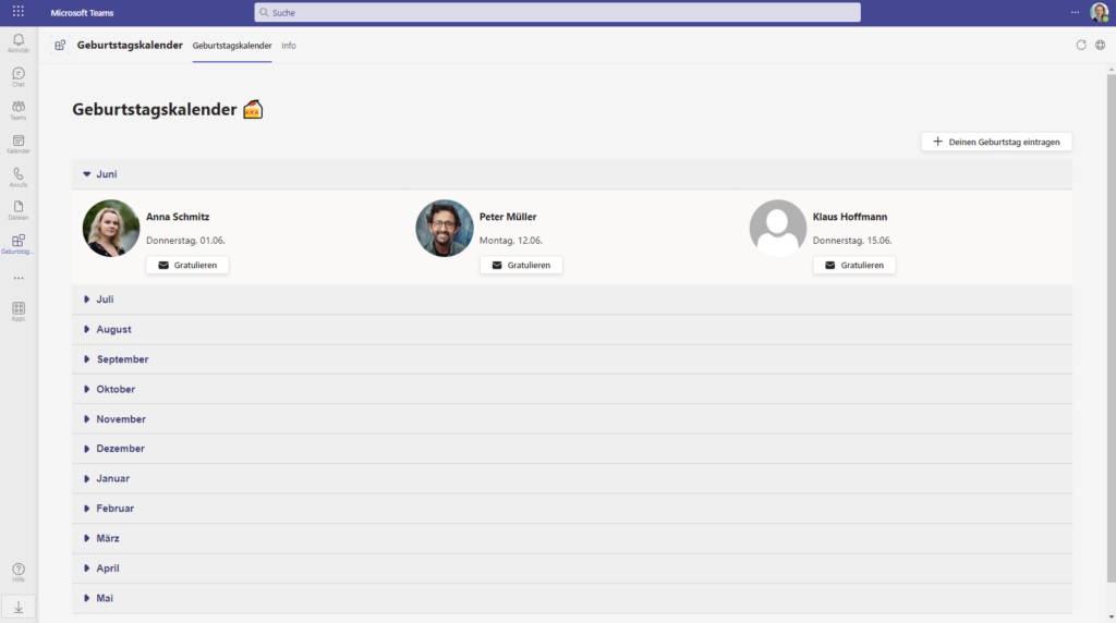 Screenshot: Microsoft-Teams-Geburtstagskalender