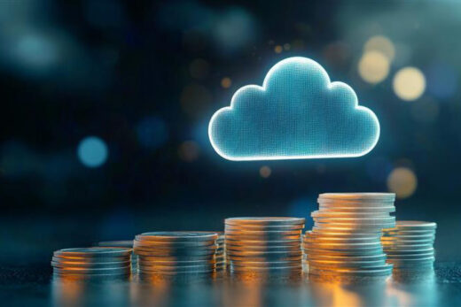Foto: Cloud FinOps - Schwebende digitale Wolke mit Münzstücken darunter