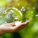 Foto: Nachhaltigkeit - offene Hand hält Nachhaltigkeitssymbole vor gruenem Hintergrund