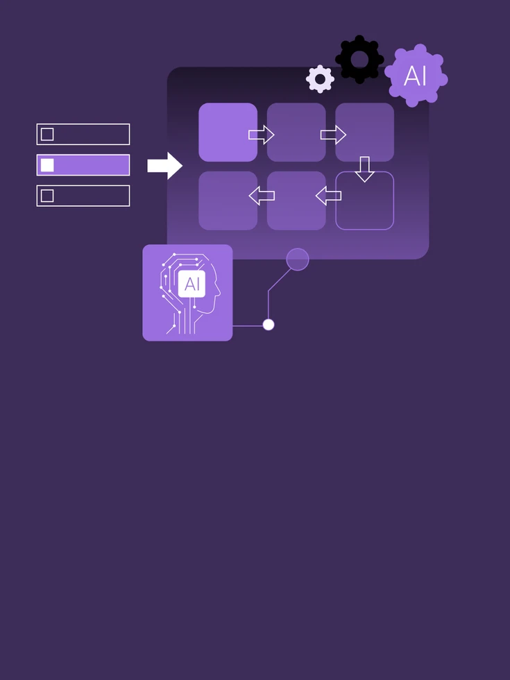 Grafische Illustration zu Architektur & Design – vernetzte Module mit KI-Symbol und Pfeilen symbolisieren die technische Architektur und das Interaktionsdesign von AI-Agenten