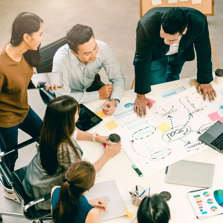 Arbeitsgruppe diskutiert über ein großformatiges Diagramm und entwickelt gemeinsam Projektideen.