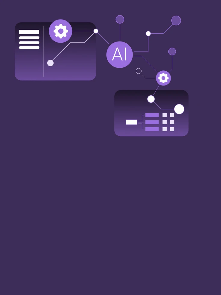 Grafische Illustration zu Personalisierten Front Ends – vernetzte Module mit KI-Symbol und Einstellungs-Icons symbolisieren rollenbasierte, AI-ready Nutzeroberflächen für die Interaktion zwischen Mensch und KI