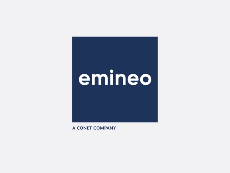 Logo von emineo in weißer Schrift auf dunkelblauem Quadrat mit dem Zusatz „A CONET Company“.