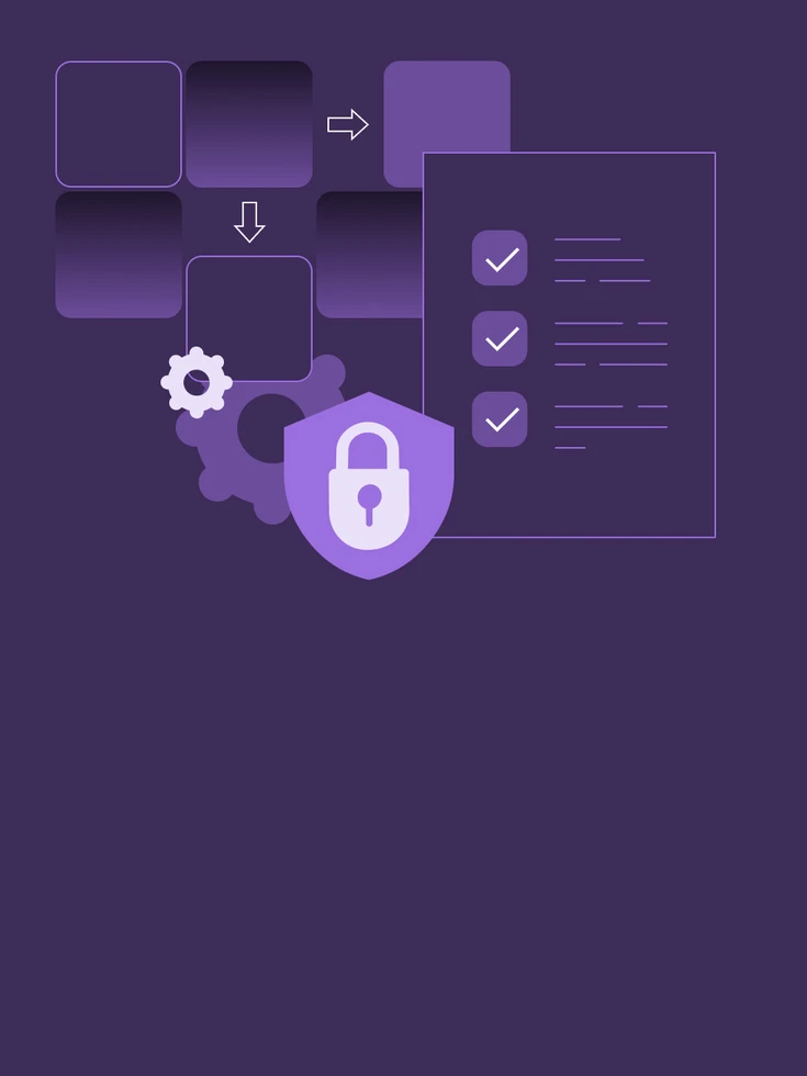 Grafische Illustration zu AI Agent Strategy – Schloss-Symbol mit Zahnrädern und Checkliste symbolisiert Governance, Guardrails und kontrollierten Einsatz von Agentic AI