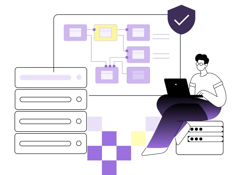 Illustration einer Person, die mit strukturierten Daten, Systemen und Sicherheitsmechanismen in einer Datenarchitektur arbeitet