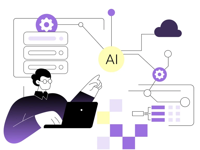 Illustration einer Person am Laptop mit Symbolen für Künstliche Intelligenz und digitale Vernetzung