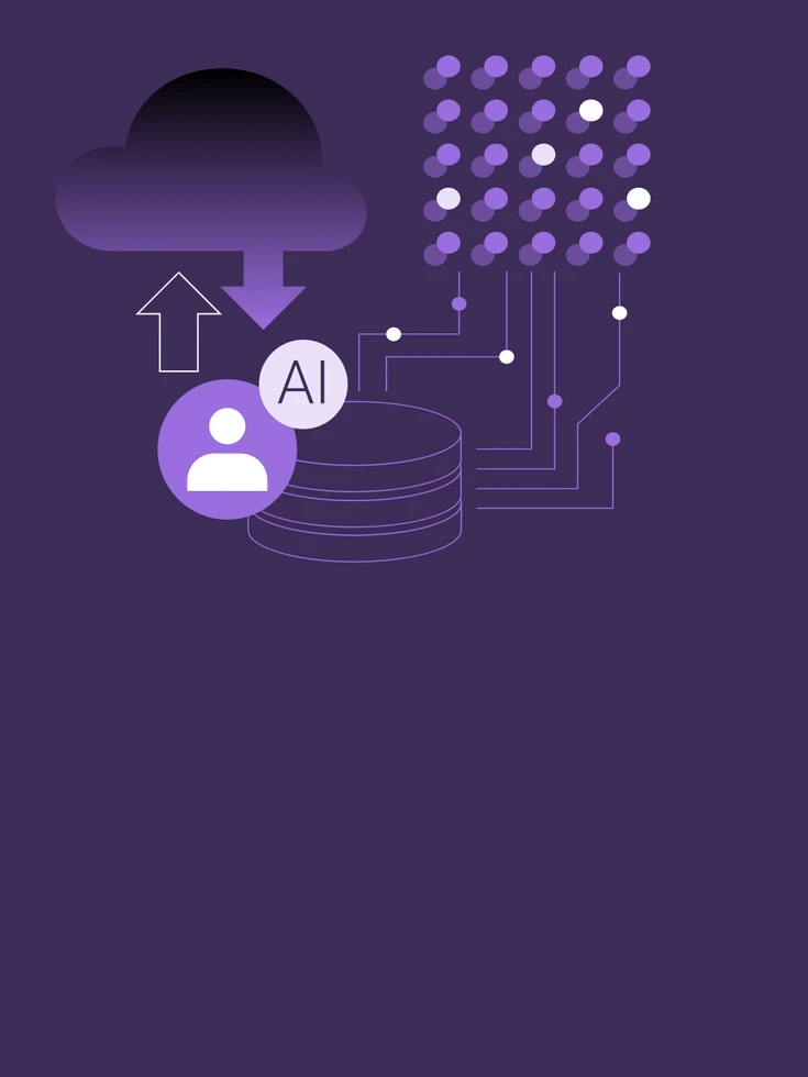 Grafische Illustration zu Technischer Infrastruktur – Cloud-Symbol, Datenbank, KI- und Nutzer-Icon mit vernetzten Punkten symbolisieren die skalierbare Infrastruktur für den Einsatz von AI-Agenten