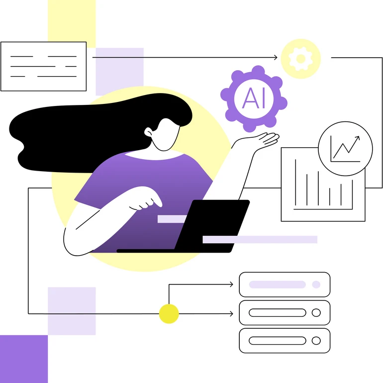 Grafische Illustration einer Person am Laptop, umgeben von KI-Symbol, Diagramm und vernetzten Systemen – symbolisiert den Einsatz von Agentic AI zur Automatisierung von Prozessen