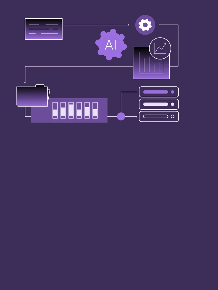 Grafische Illustration zu Enterprise Processes & Data – vernetzte Datenspeicher, Server und KI-Symbol mit Zahnrad symbolisieren die sichere Integration von Unternehmensdaten und -prozessen für Agentic AI