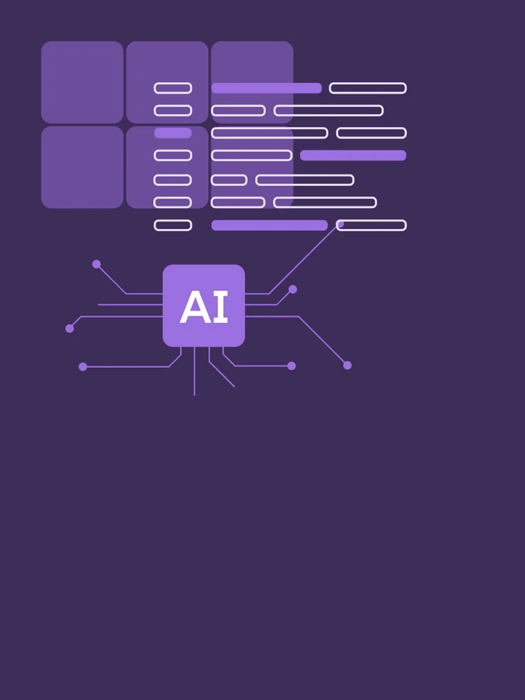 Illustration von vernetzten Datenquellen und KI-Komponenten, die strukturiert zusammengeführt werden