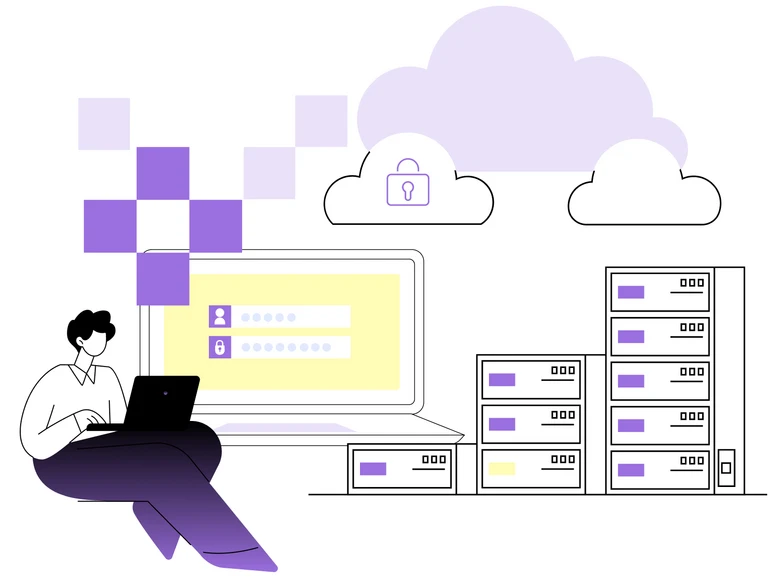 Grafik: Frau mit Laptop sitzt neben Serverschränken und Cloud-Symbolen