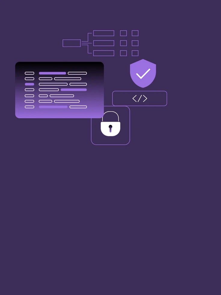 Illustration mit Code, Schutzschild und Schloss als Symbol für sichere Softwareentwicklung