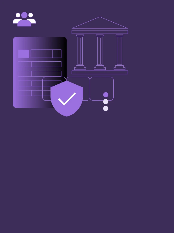 Illustration mit Formular, Schutzschild und Behördengebäude als Symbol für Cyber Security & Compliance