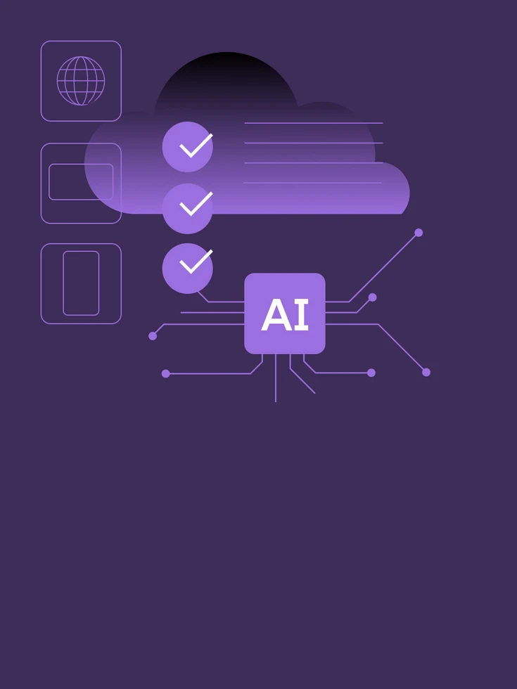 Illustration mit Cloud, Checklisten und KI‑Chip als Symbol für moderne IT Security