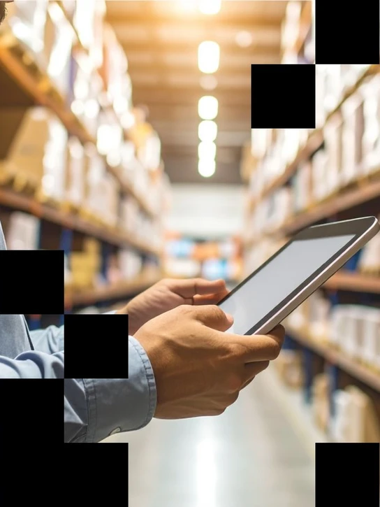 Foto: Person in Lagerhalle hält Tablet in den Händen