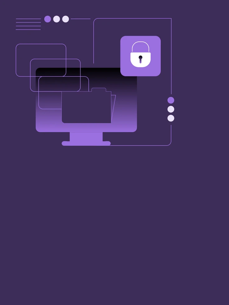 Illustration eines Monitors mit digitalen Ordnern und einem Vorhängeschloss als Symbol für Datensicherheit