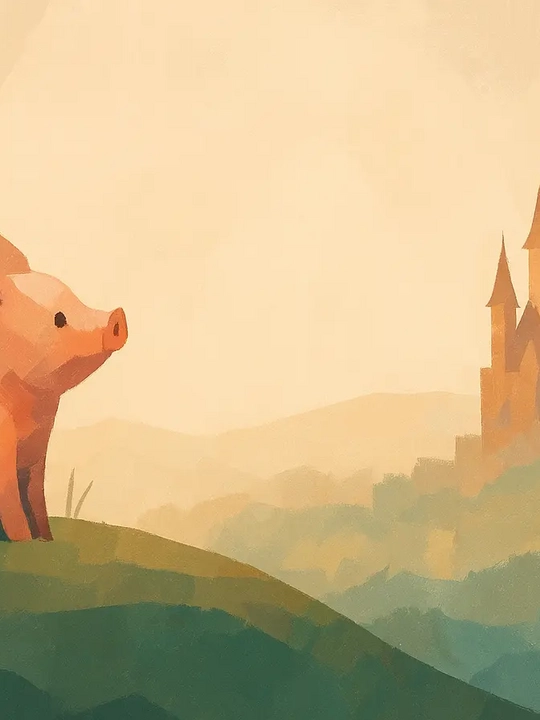 Schweinchen auf einem Hügel vor einem Schloss