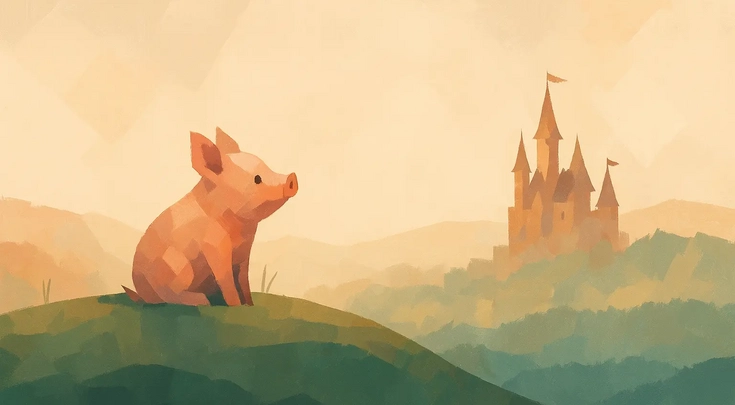 Schweinchen auf einem Hügel vor einem Schloss