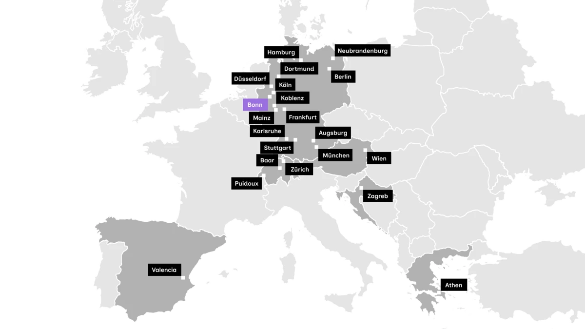 Europa-Karte mit den Standorten der conet-Gruppe.