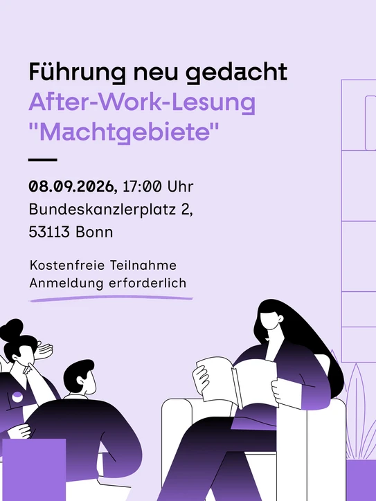 Illustration: Eventteaser „Führung neu gedacht“ – After-Work-Lesung „Machtgebiete“, 30.09.2026, 17:00 Uhr, Bundeskanzlerplatz 2, Bonn, Illustration mit Personen im Gespräch